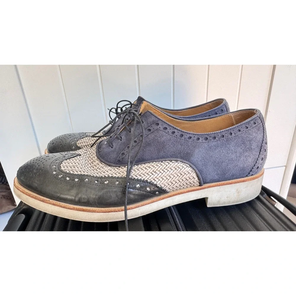 Giorgio Armani Mens Woven Suede Leather Wingtip Oxford Shoes Navy Made in Italy